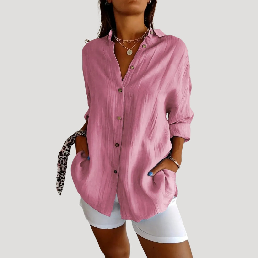 Women’s Long Button Shirt Relaxed Fit Collared Top
