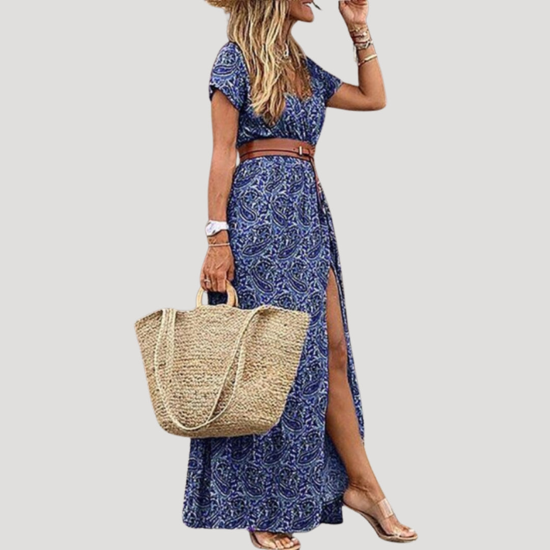 Women's V Neck Floral Maxi Dress with Belt