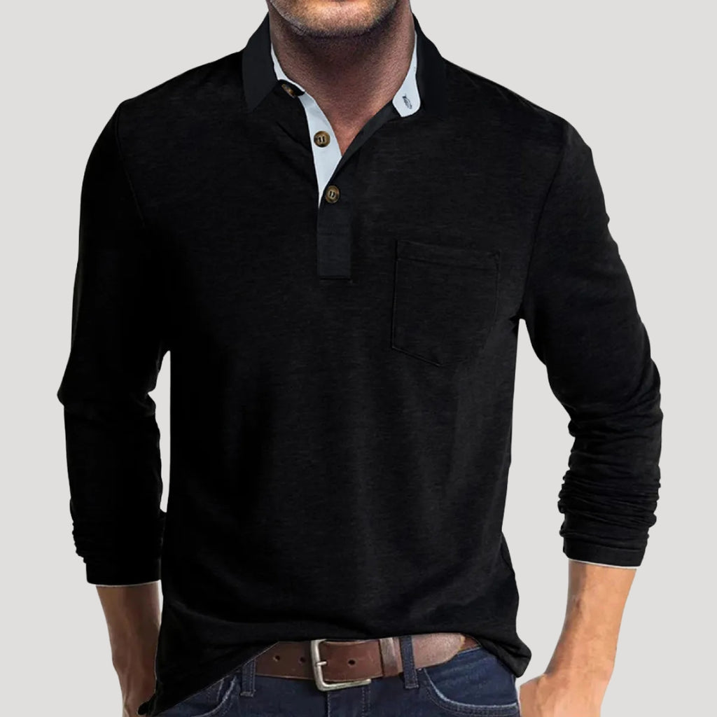 Men’s Long Sleeve Henley Polo Shirt Casual Knit Top