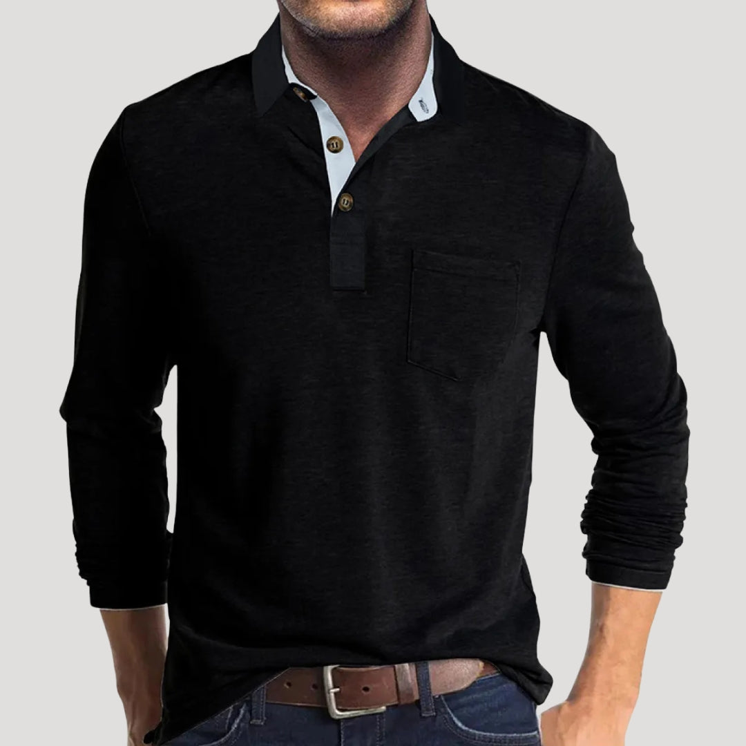 Men’s Long Sleeve Henley Polo Shirt Casual Knit Top
