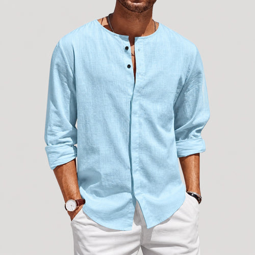 Mens Linen Henley Collarless Long Sleeve Summer Shirt