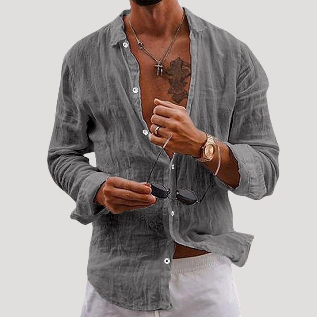 Mens Linen Shirt Long Sleeve Button Casual