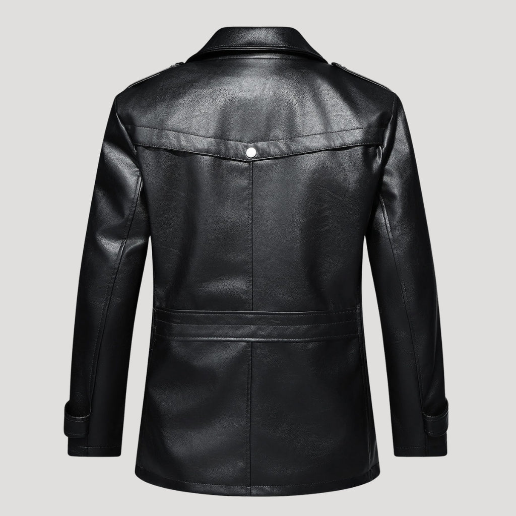 Men’s Leather Longline Jacket Snap Front Collared Outerwear