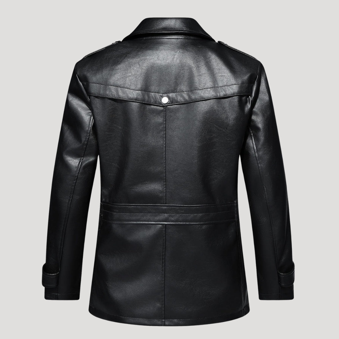 Men’s Leather Longline Jacket Snap Front Collared Outerwear