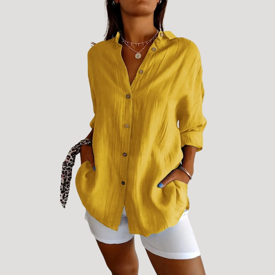 Women’s Long Button Shirt Relaxed Fit Collared Top