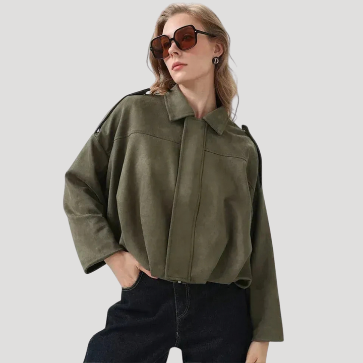Dámska Semišová Bomber Bunda Na Zips Krátka Voľná S Golierom