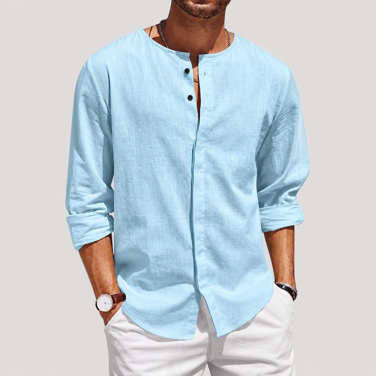 Mens Linen Henley Collarless Long Sleeve Summer Shirt