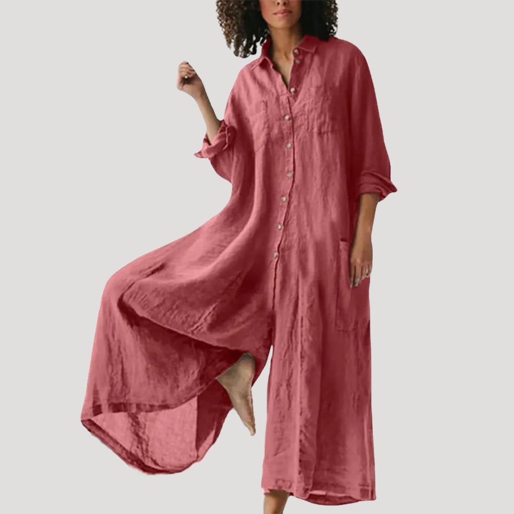 Women Linen Maxi Shirt Dress Long Sleeve Relaxed Fit