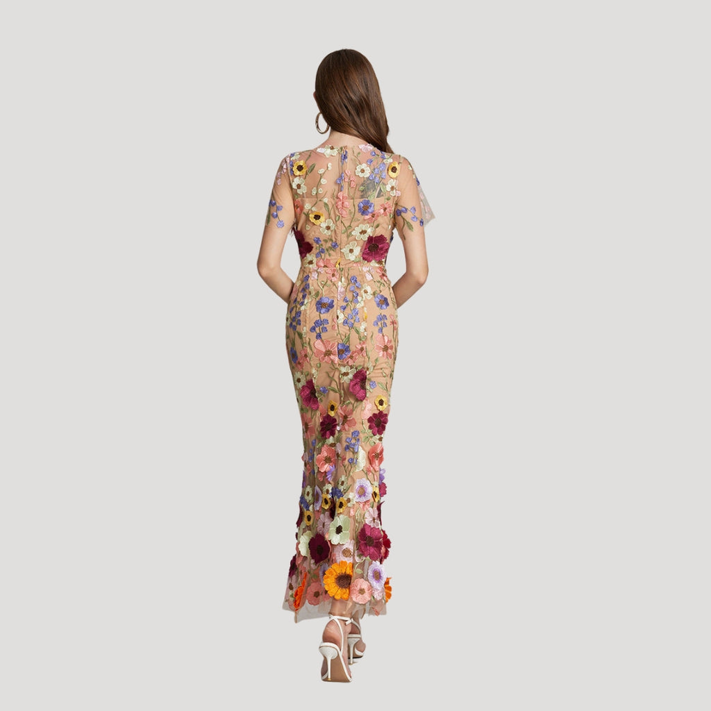 Women’s Summer Dress Floral Midi Sheer Embroidered Bodycon