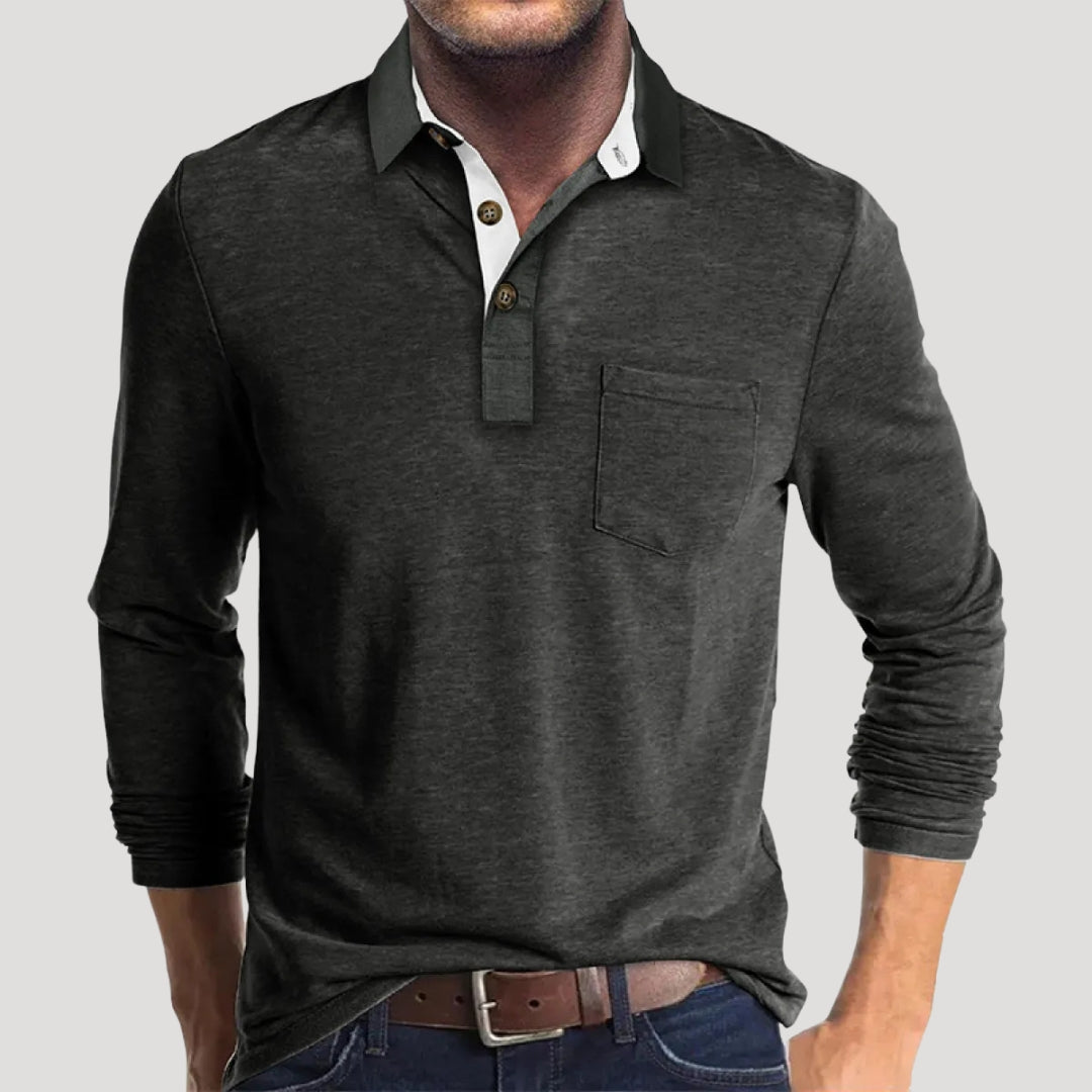 Men’s Long Sleeve Henley Polo Shirt Casual Knit Top