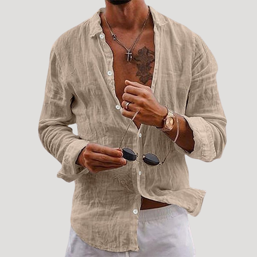 Mens Linen Shirt Long Sleeve Button Casual