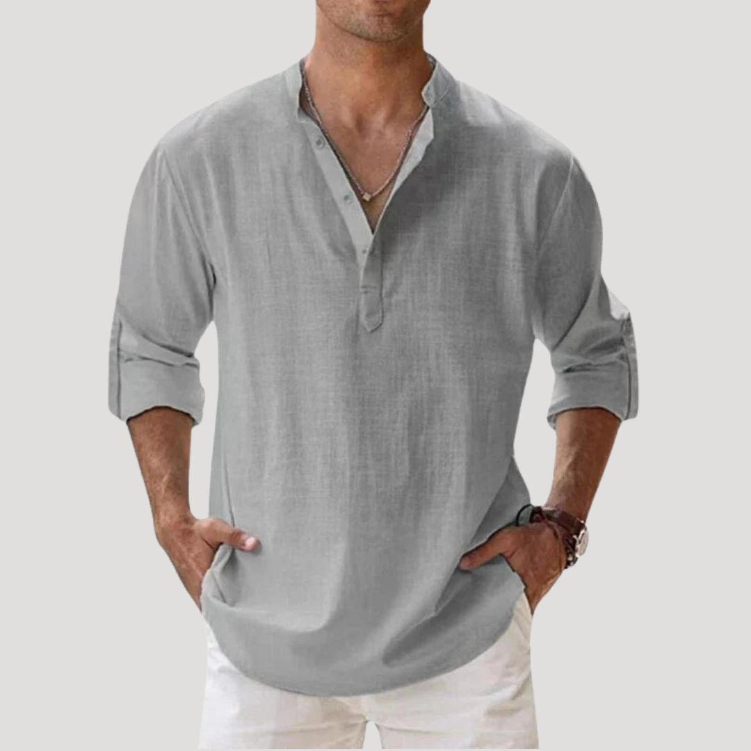 Men’s Long Sleeve Linen Shirt with Mandarin Collar Relaxed Style