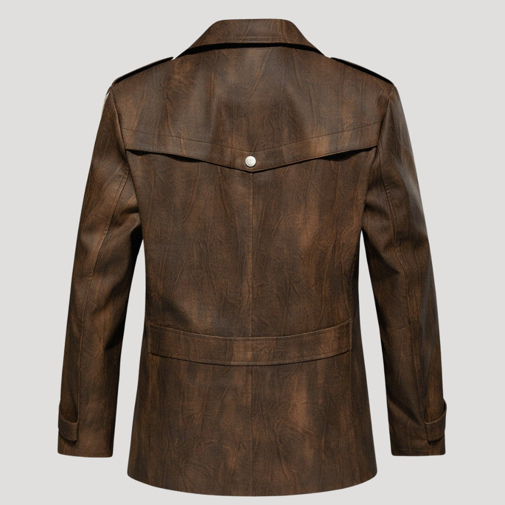 Men’s Leather Longline Jacket Snap Front Collared Outerwear