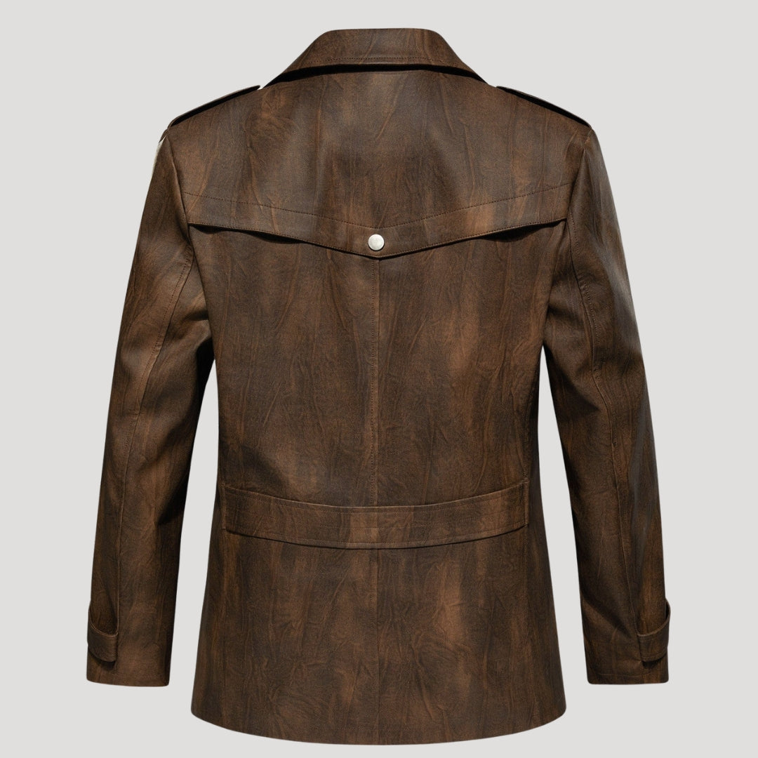 Men’s Leather Longline Jacket Snap Front Collared Outerwear
