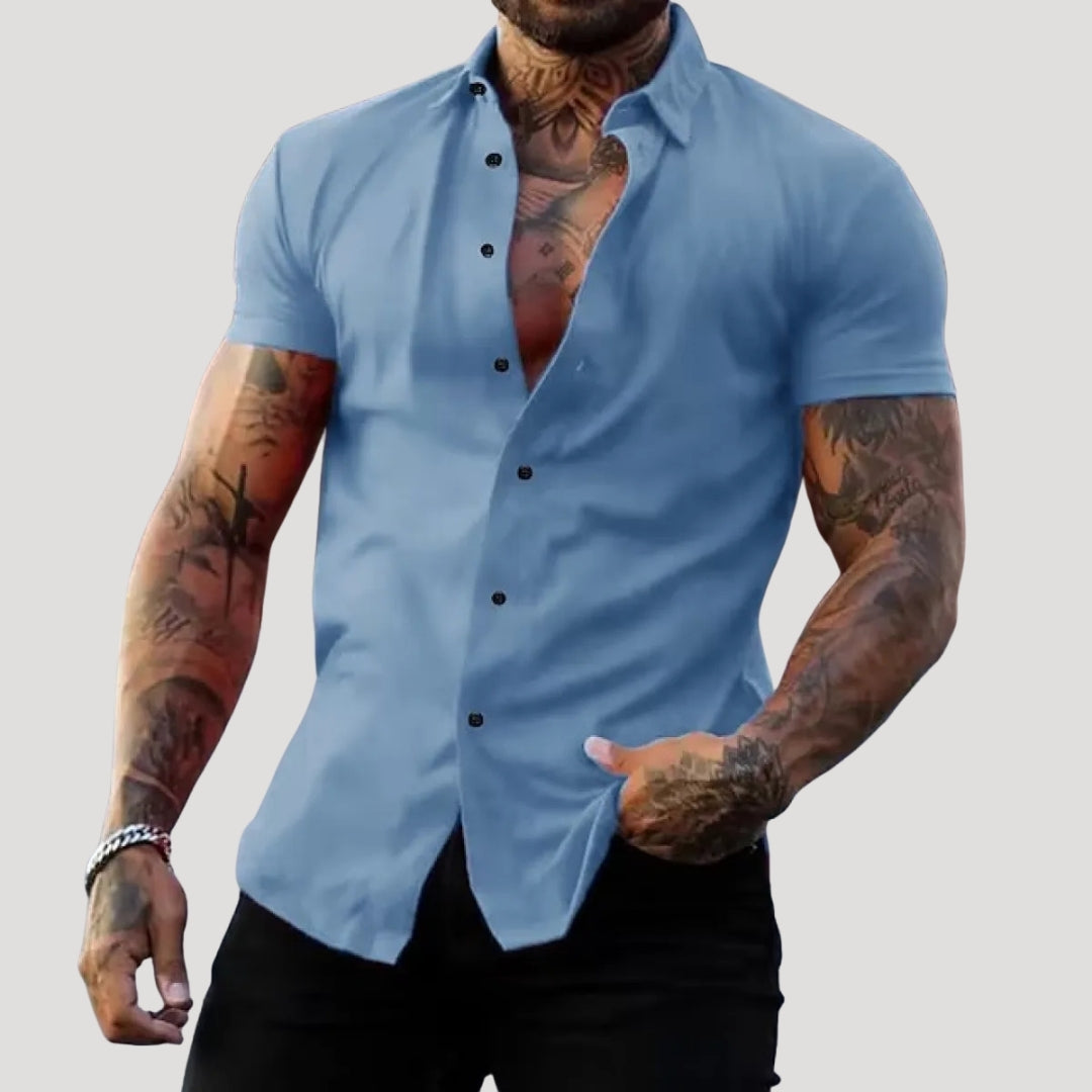 Men Short Sleeve Slim Fit Shirt Button Front Casual