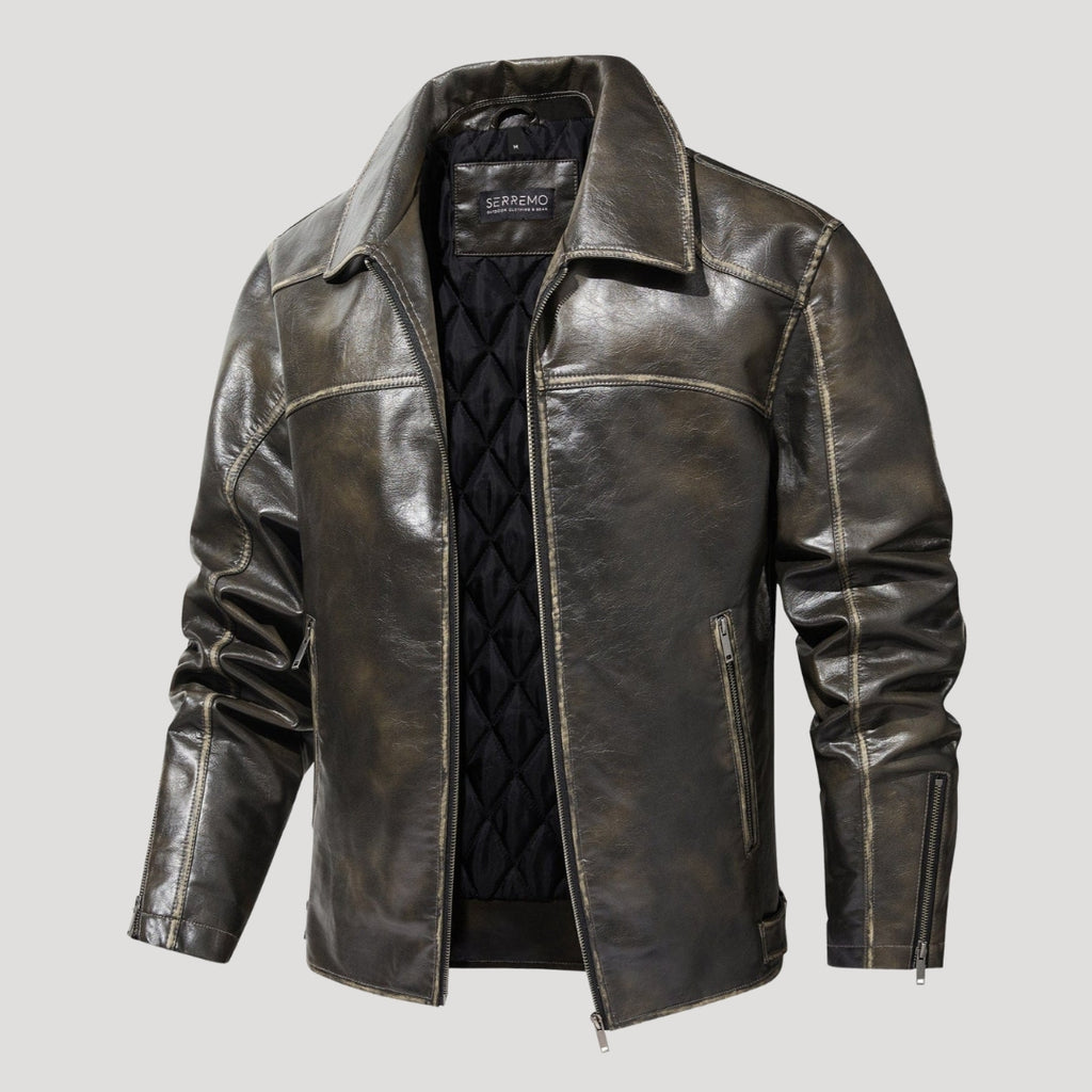 Men’s Distressed Leather Jacket With Zip Pockets And Collar