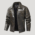 Men’s Distressed Leather Jacket With Zip Pockets And Collar
