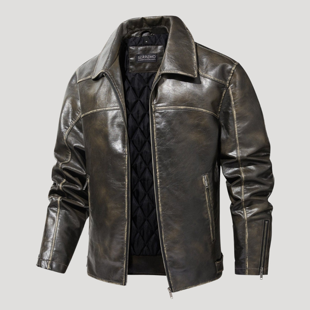 Men’s Distressed Leather Jacket With Zip Pockets And Collar