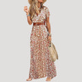 Women's V Neck Floral Maxi Dress with Belt