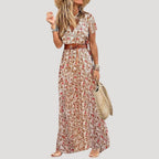 Women's V Neck Floral Maxi Dress with Belt