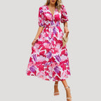 Women’s Dress Floral Midi Puff Sleeve V Neck Casual