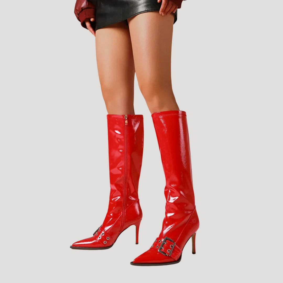 Women’s Knee High Boots High Heel Pointed Toe Buckle Zip