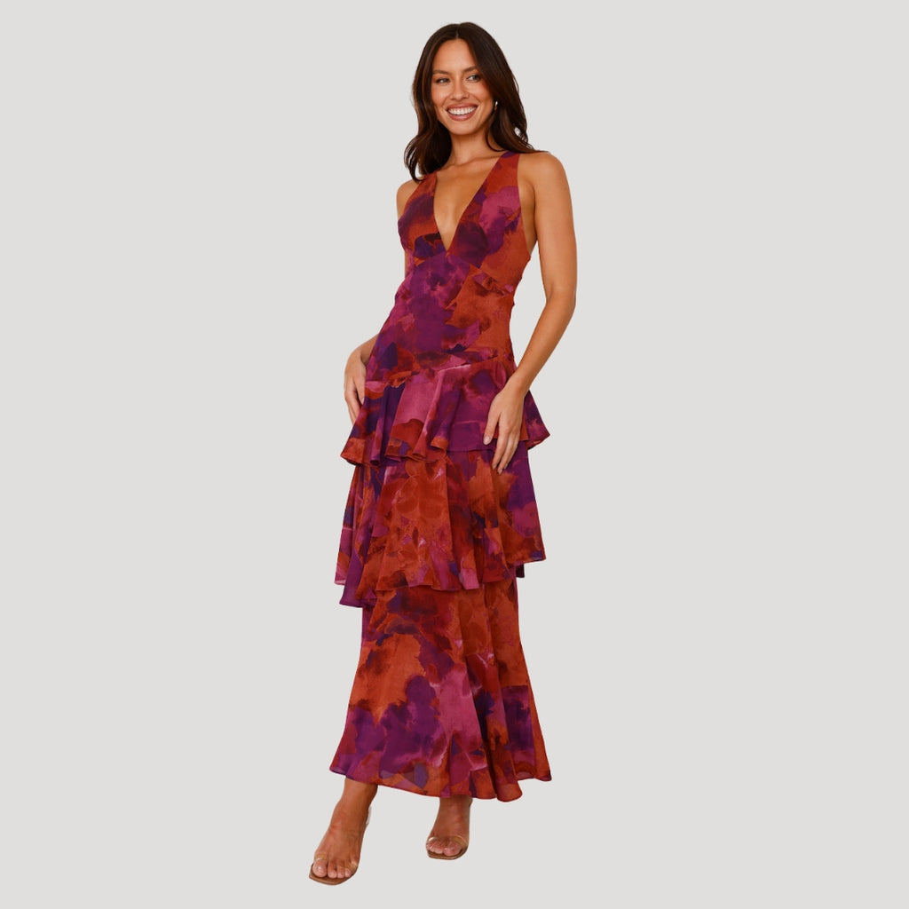 Women’s Summer Dress Floral Maxi Ruffle Tiered V Neck