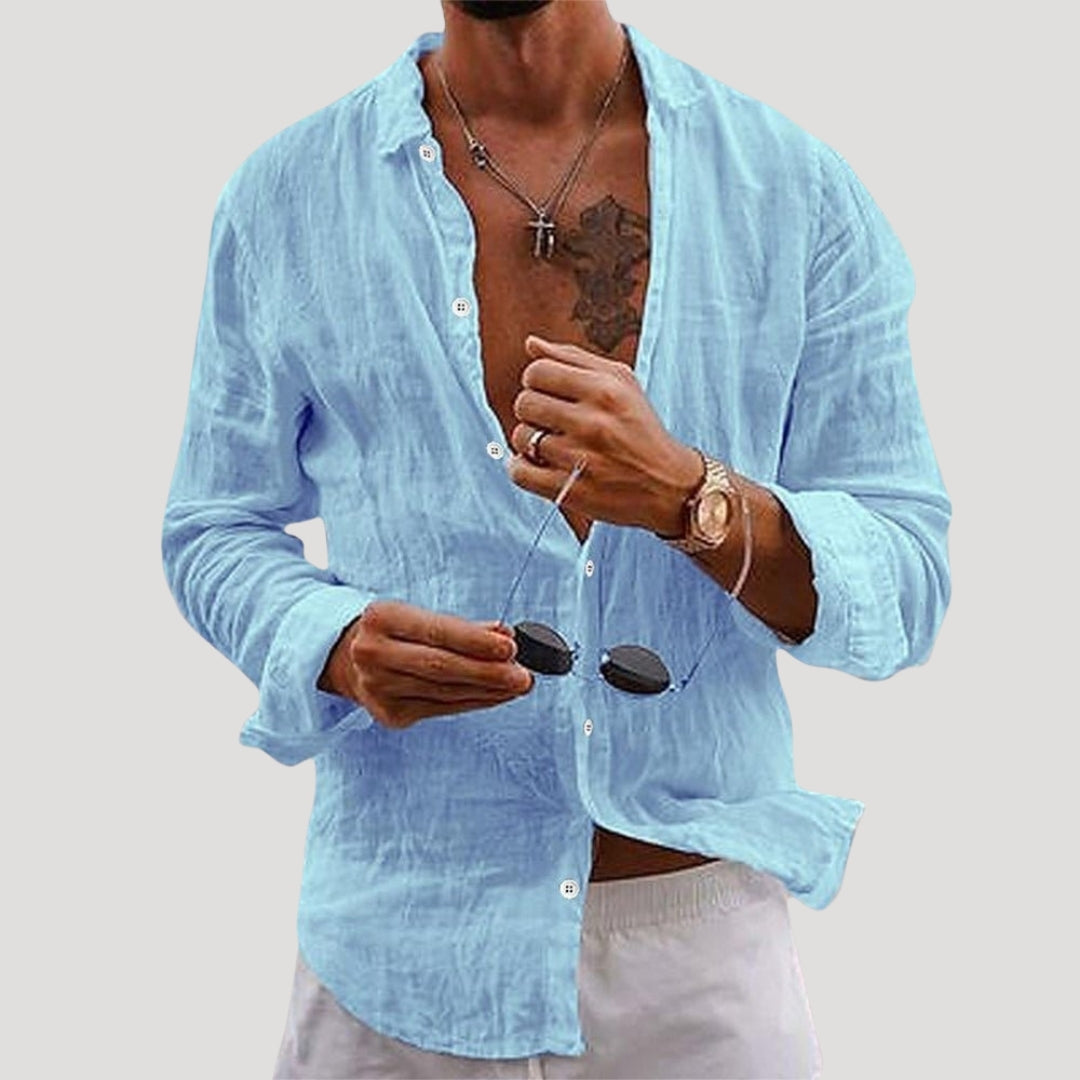 Mens Linen Shirt Long Sleeve Button Casual