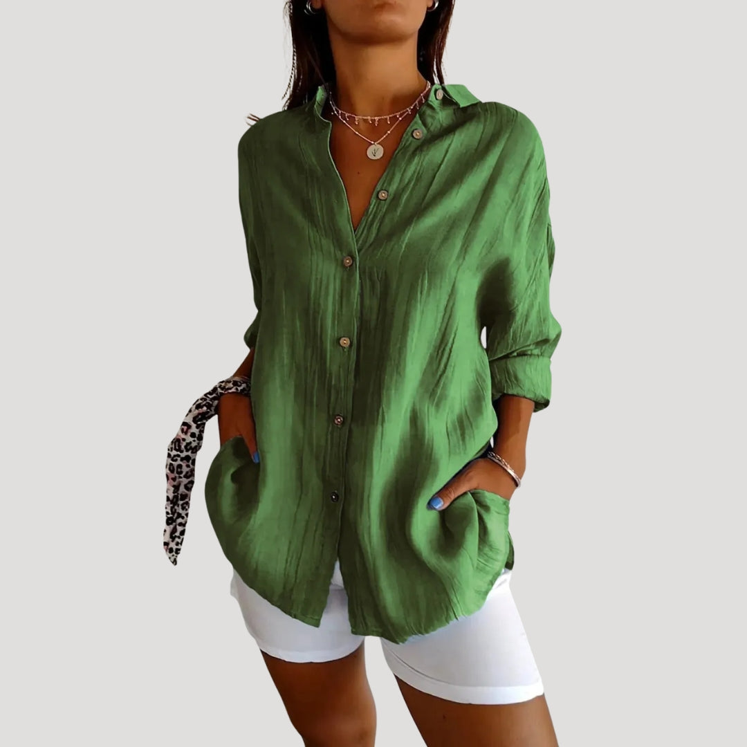 Women’s Long Button Shirt Relaxed Fit Collared Top