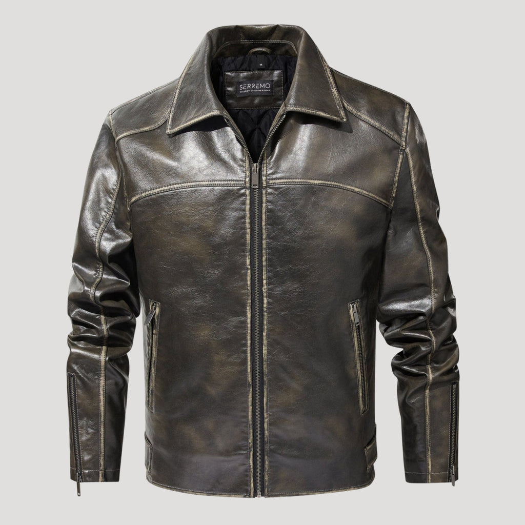 Men’s Distressed Leather Jacket With Zip Pockets And Collar