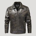 Men’s Distressed Leather Jacket With Zip Pockets And Collar