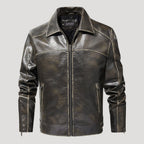 Men’s Distressed Leather Jacket With Zip Pockets And Collar