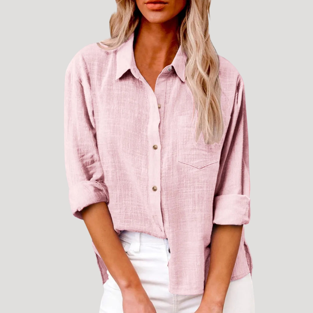 Women's Linen Shirt Long Sleeve Relaxed Fit Pocket Summer Casual