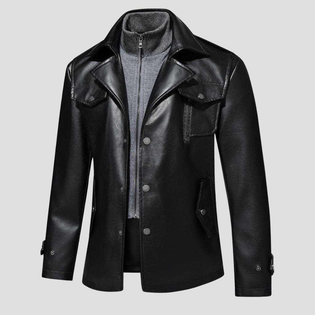 Men’s Leather Longline Jacket Snap Front Collared Outerwear