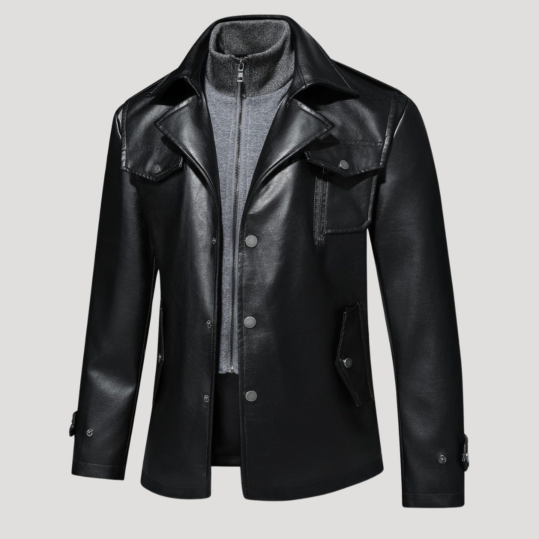 Men’s Leather Longline Jacket Snap Front Collared Outerwear