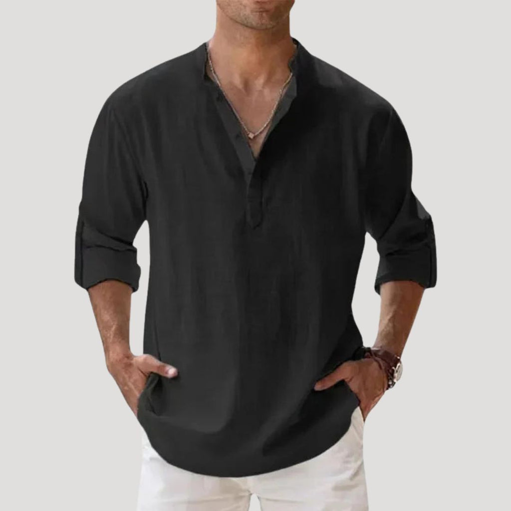 Men’s Long Sleeve Linen Shirt with Mandarin Collar Relaxed Style