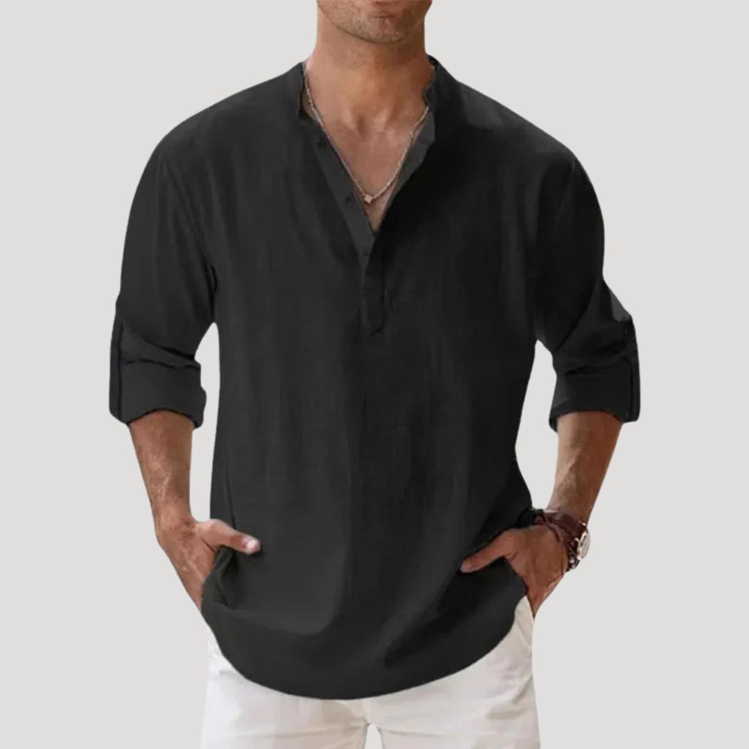 Men’s Long Sleeve Linen Shirt with Mandarin Collar Relaxed Style