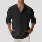 Men’s Long Sleeve Linen Shirt with Mandarin Collar Relaxed Style