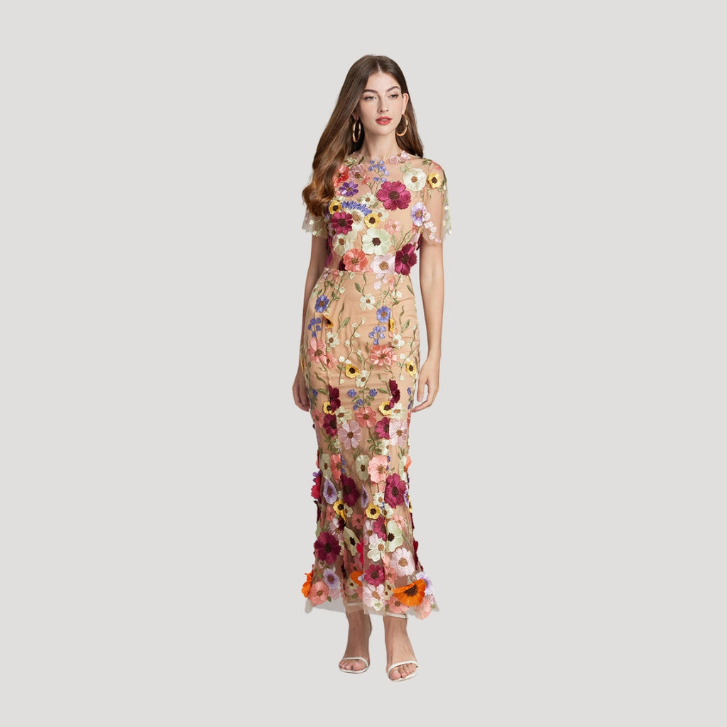 Women’s Summer Dress Floral Midi Sheer Embroidered Bodycon