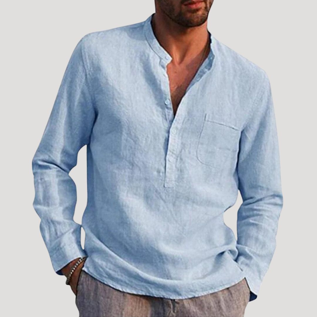Men Linen Shirt Grandad Collar Long Sleeve Relaxed Fit