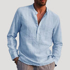 Men Linen Shirt Grandad Collar Long Sleeve Relaxed Fit