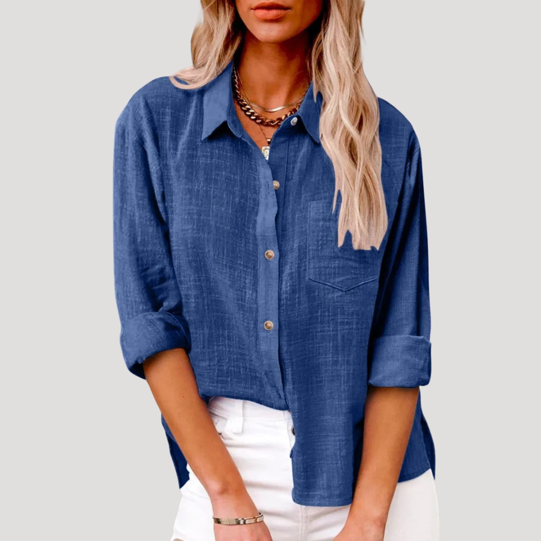Women's Linen Shirt Long Sleeve Relaxed Fit Pocket Summer Casual