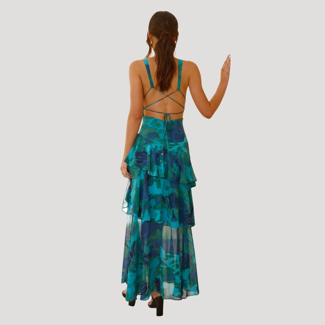 Women’s Summer Dress Floral Maxi Ruffle Tiered V Neck