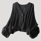 Women’s Blouse V Neck Long Sleeve Button Cropped Loose