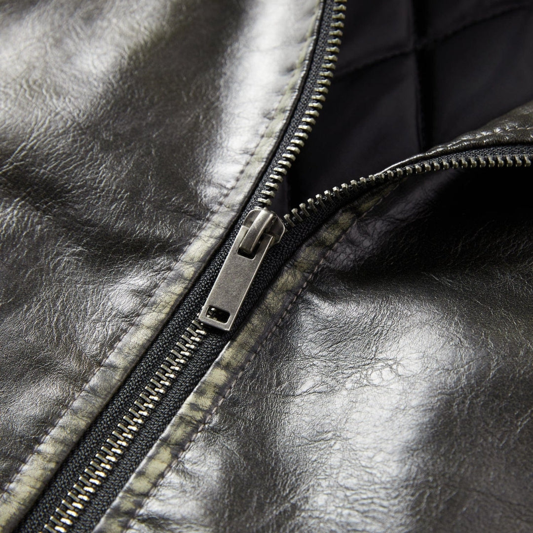 Men’s Distressed Leather Jacket With Zip Pockets And Collar