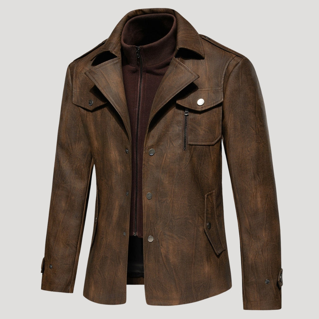 Men’s Leather Longline Jacket Snap Front Collared Outerwear