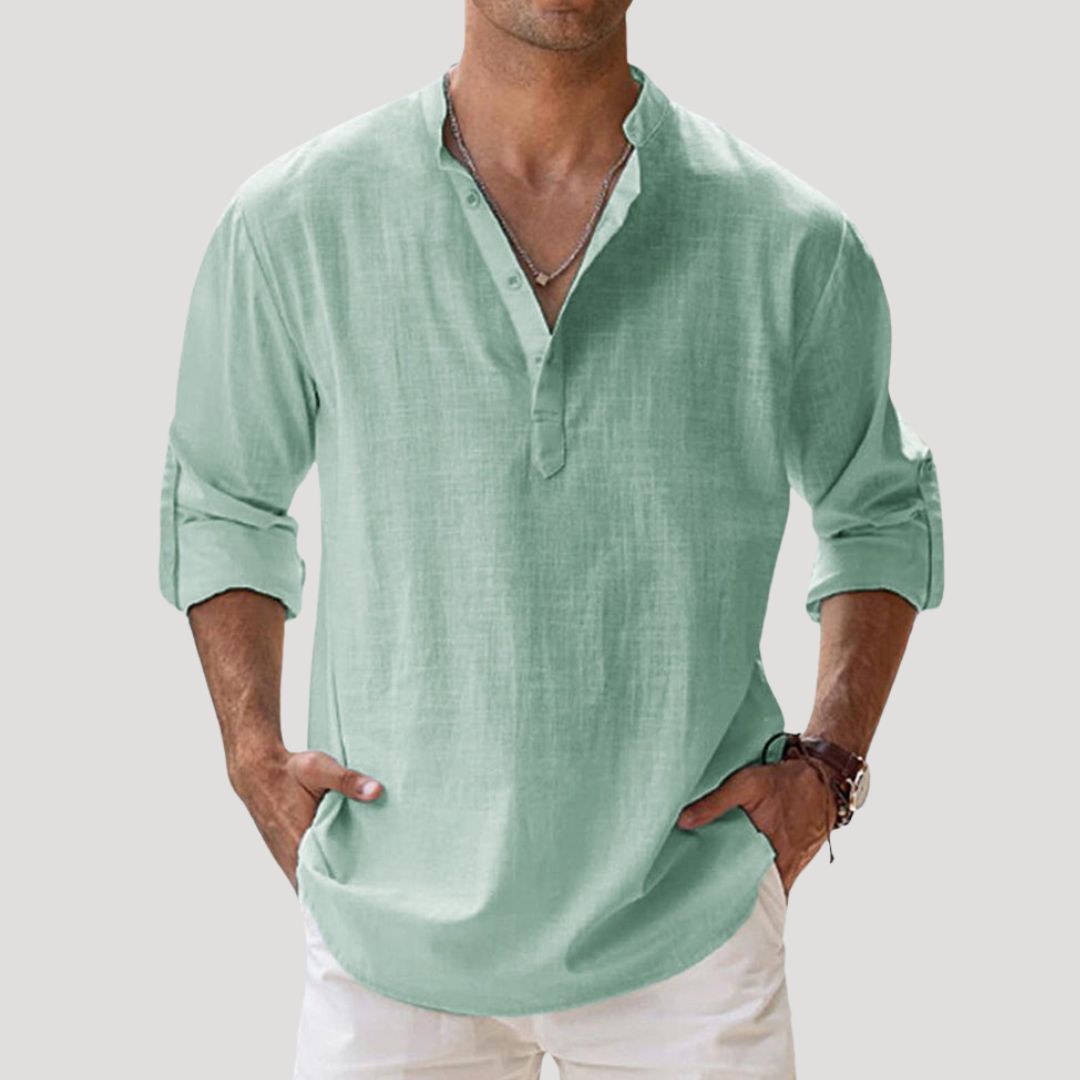 Men’s Long Sleeve Linen Shirt with Mandarin Collar Relaxed Style