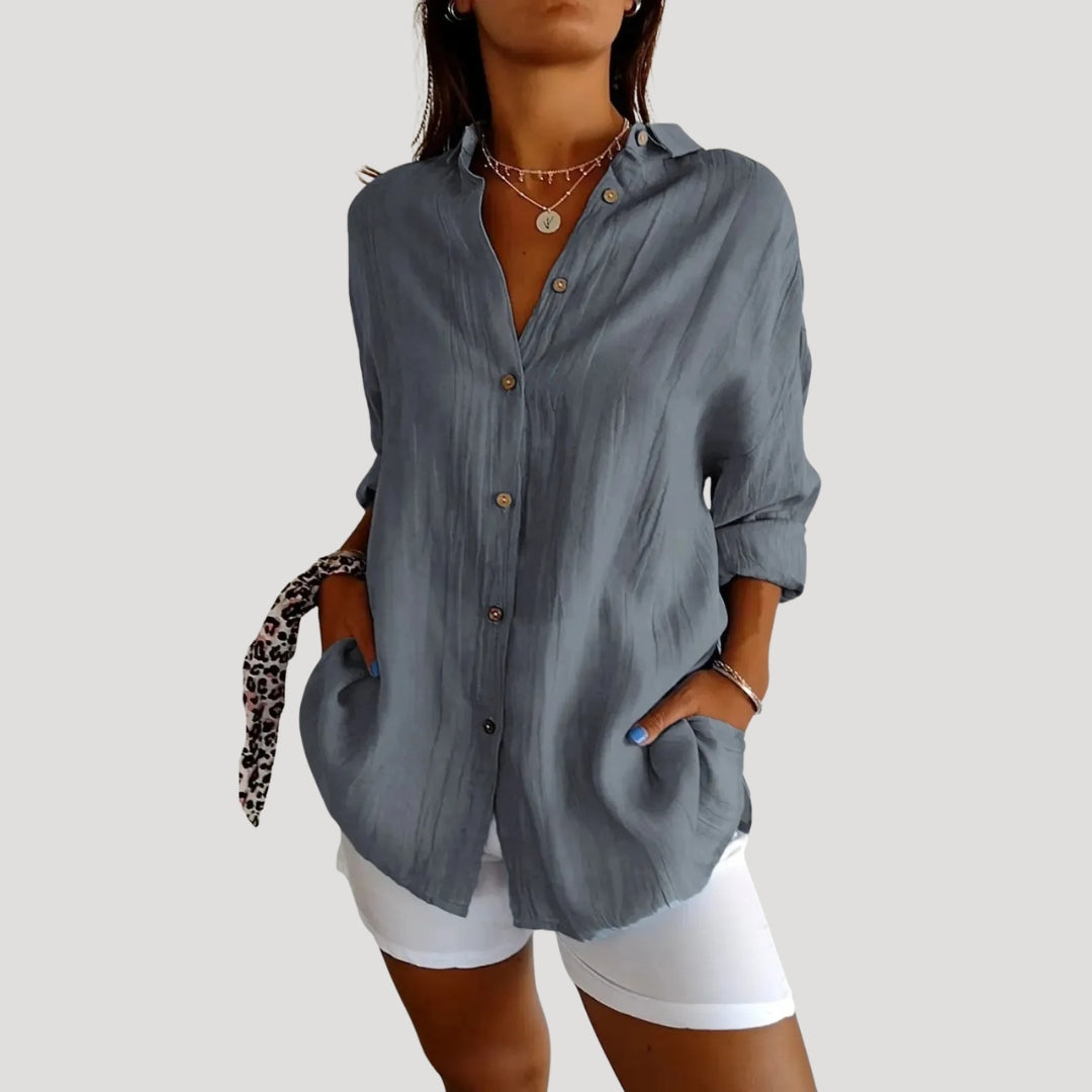 Women’s Long Button Shirt Relaxed Fit Collared Top