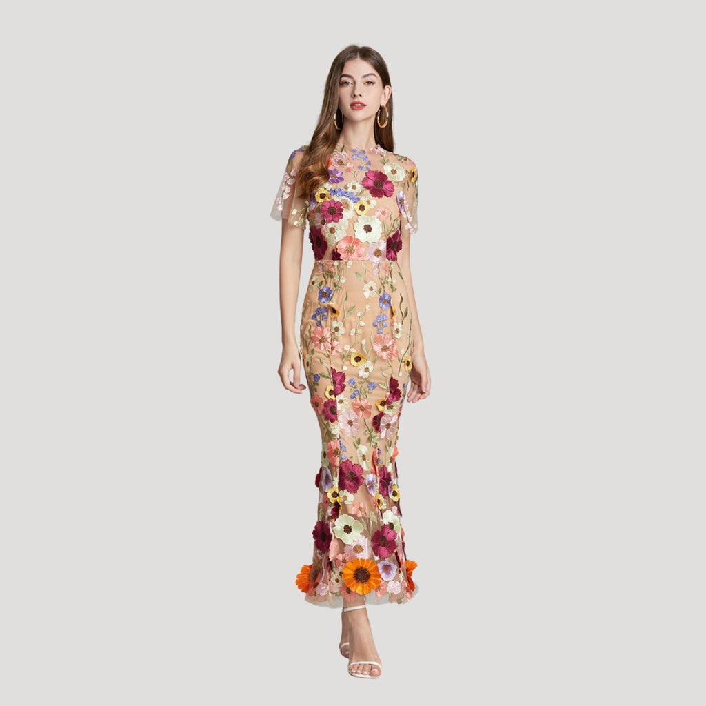 Women’s Summer Dress Floral Midi Sheer Embroidered Bodycon