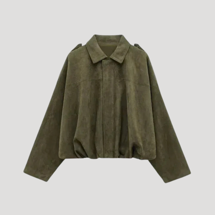 Dámska Semišová Bomber Bunda Na Zips Krátka Voľná S Golierom